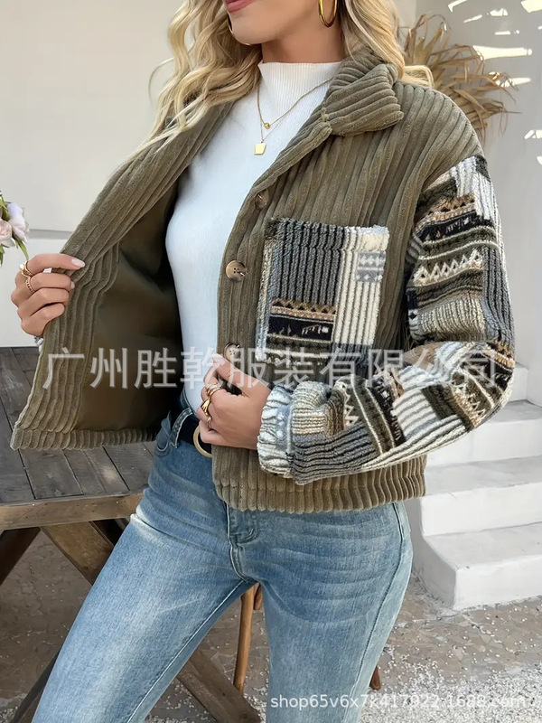 欧美跨境外贸女士秋冬季小众翻领长袖纽扣夹克 时尚拼 接外套棉服|undefined