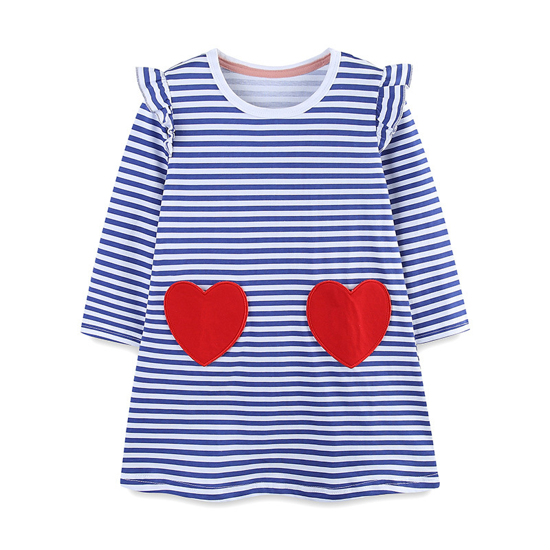 25 otoño nuevo vestido de niñas Europa y Estados Unidos rayas mangas voladoras falda de princesa de algodón de punto de bolsillo amor falda de niño