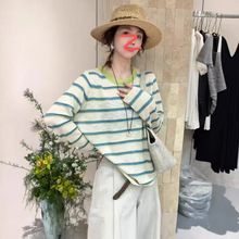 彩剪标 撞色条纹竹节麻长袖t恤女夏薄洋气超火减龄上衣 辉
