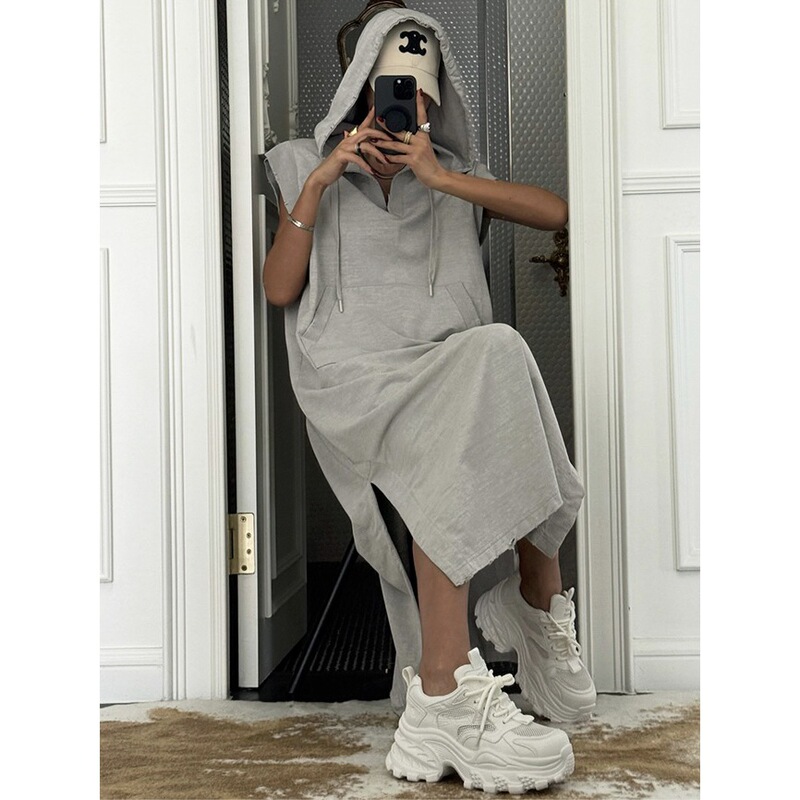In Stock Korean Chic Loose Casual Sports Hooded Sweatshirt Dress Summer New Long Dress 15346