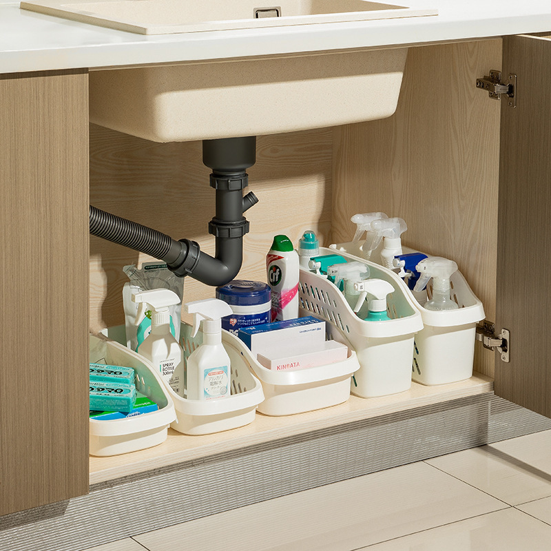 Japanese-style kitchen storage basket, sink cabinet under-cabinet organizer box, storage basket with handle and wheels