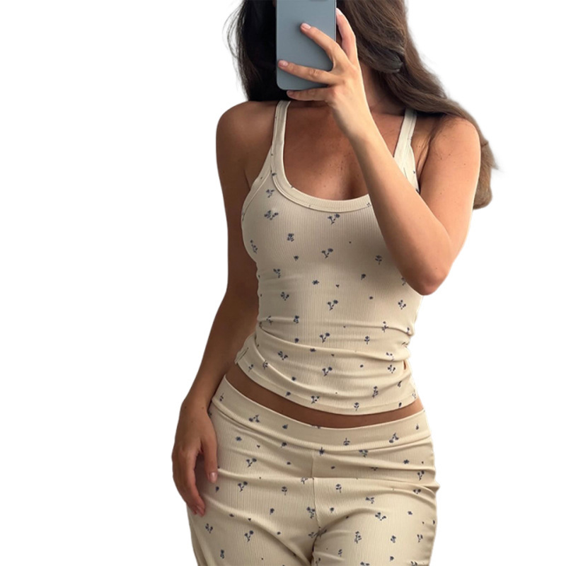 ヨーロッパとアメリカの2025年新作夏の婦人服ホームシンプル花柄リブベストカジュアルパジャマズボンセット|undefined