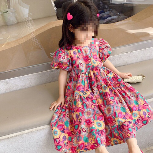 Little Girls' Skirts Peacock Flower Multicolor Dress Short Sleeve Princess Dress 24 Summer New Overseas Trade Children's Apparel Dropshipping 3-8 Years Old