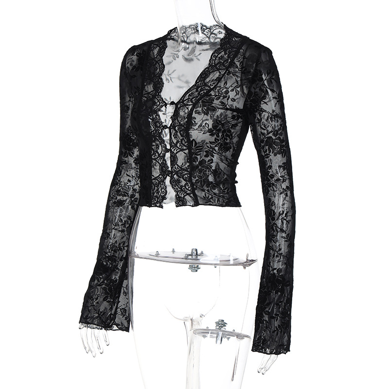 Women Clothing Summer Printed Sexy Mesh Lace Cardigan T Shirt