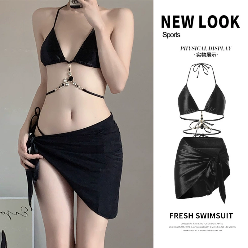 Новый стиль 2025: раздельный купальник для женщин, черный, с камнями, элитный, изысканный, комплект из трех предметов, бикини на завязках, для горячих источников