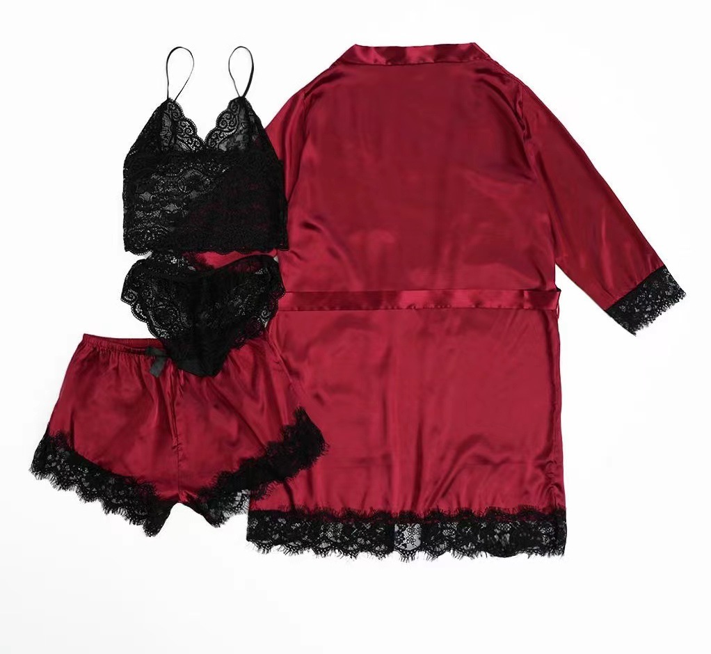 GraceChic GraceChic Nuovo pigiama estivo da donna in raso e pizzo, stile europeo americano, 4 pezzi, con vestaglia e camicia da notte all'ingrosso_voghion.com