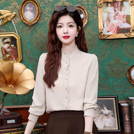 2025春季简约风气质淑女风纯色精致干练长袖衬衫大码女装减龄上衣