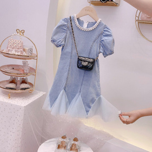 Girl's Denim Dress Summer Stylish Princess Dress Baby Girl's Short-sleeved Dress Summer Fashionable Children's Fishtail Dress