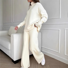 跨境感时尚纯色高领针织套装女秋冬装慵懒风气质休闲阔腿裤两件套