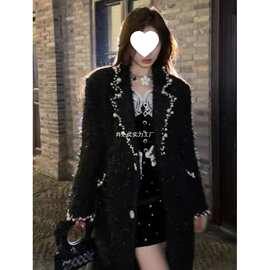 秋冬高级感富家千金名媛高端小香风呢子大衣黑色赫本风毛呢外套女