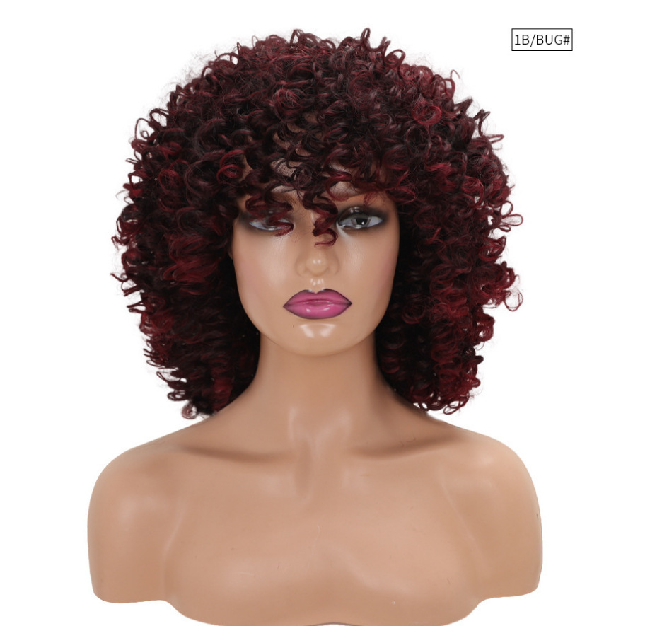 Peluca europea y americana transfronteriza peluca femenina fábrica al por mayor Africana pequeña cabeza de explosión de pelo rizado multicolor Peluca de fibra química cubierta de la cabeza completa