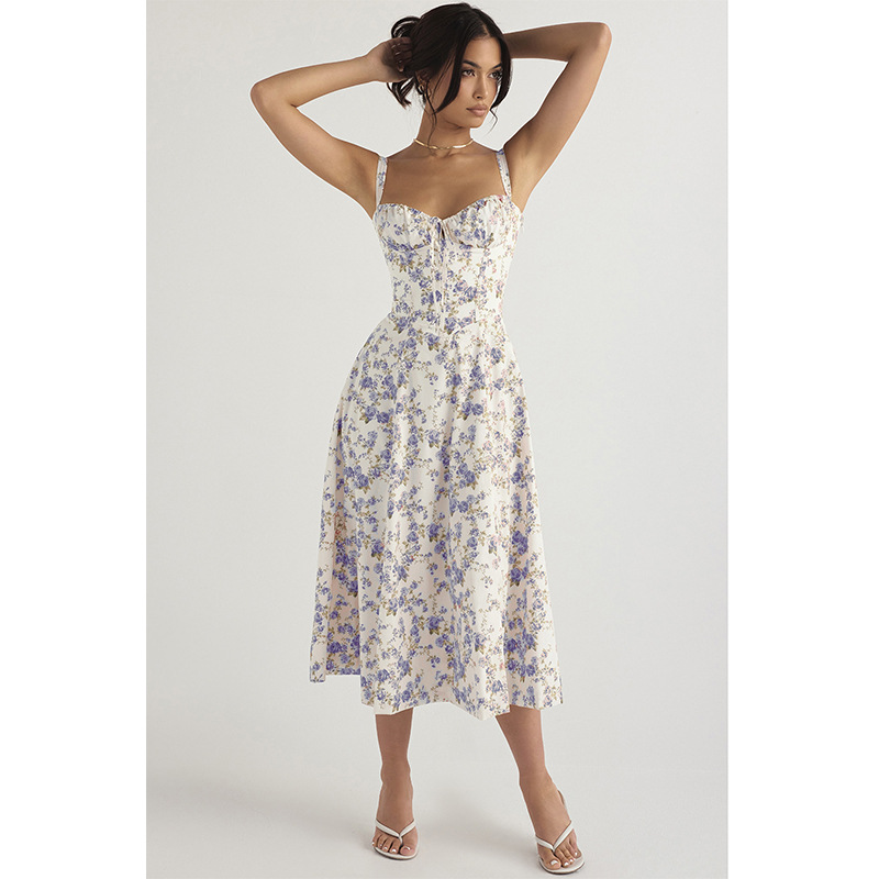 화이트 블루 꽃 긴 원피스