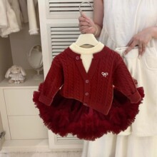 秋冬童装新款女童红色毛衣针织浅金蝴蝶结针织宝宝蓬蓬裙子tutu裙