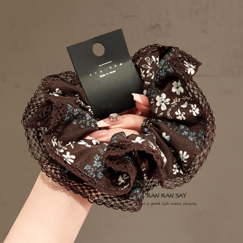 Korean Version of Dongdaemun Fine Brown Floral Lace Edge Hair Tie Exquisite Retro Ponytail New Hair Tie