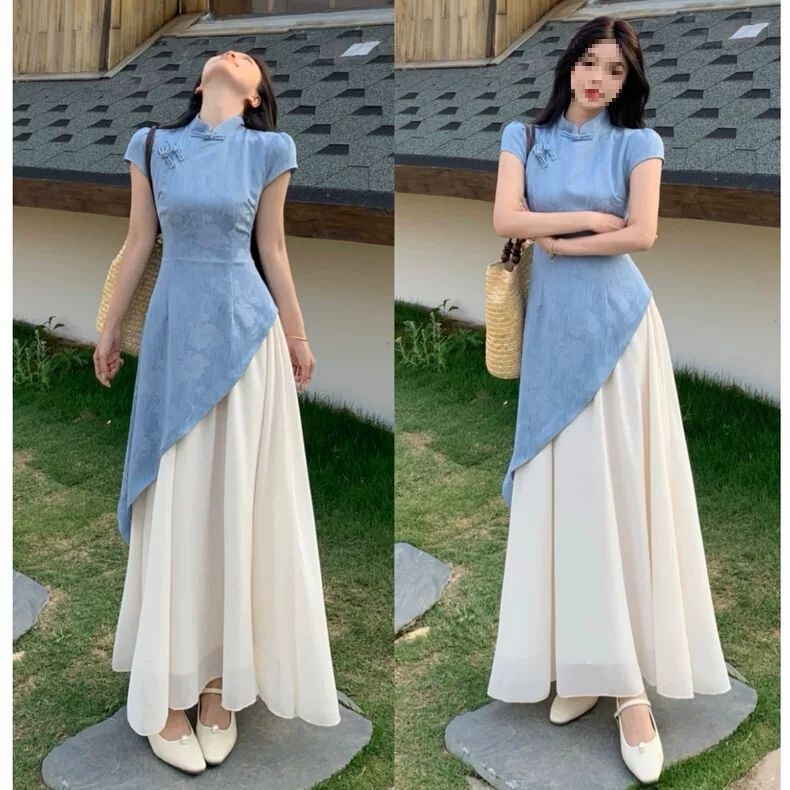 Plus-Size New Chinese-Style Jacquard Faux Two-Piece Short-Sleeve Dress for Women, Summer Gentle Waist-Cinching Qipao Long Dress for Plus-Size Women Plus-Size New Chinese-Style Jacquard Faux Two-Piece Short-Sleeve Dress for Women, Summer Gentle Waist-Cinching Qipao Long Dress for Plus-Size Women