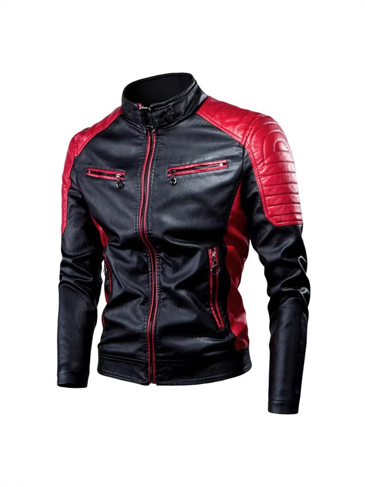 2026 primavera y otoño locomotora casual chaqueta de cuero empalmado chaqueta de cuero de moda masculina de collar retró cálida chaqueta de cuero