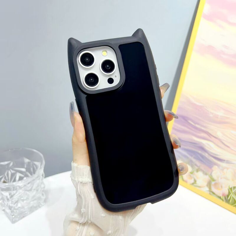 Three-Dimensional Cat Ears Suitable for Iphone15 Mobile Phone Case Ins Style Apple 14Pro Pure Color 16Plus Protective Cover 13