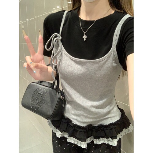 Pure and slim retro lace contrasting short-sleeved T-shirt for women's summer white suspender T-shirt for flesh covering and slimming top