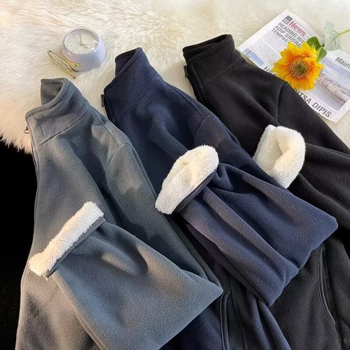 2025 Autumn New Plush American Style Men's Stand Collar Open Shirt with Added Fleece and Thick Warm Jacket