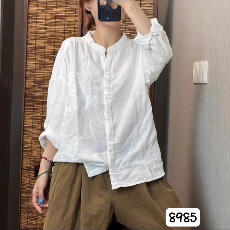 CO  2025秋韩版宽松贴布大口袋双层纱立领衬衫百搭休闲衬衣女8985|undefined