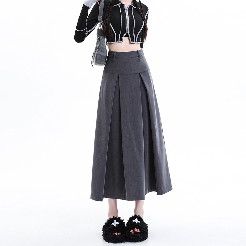 实拍现货卡其色百褶半身裙女2025春夏高腰中长款学院风西装百褶裙|undefined