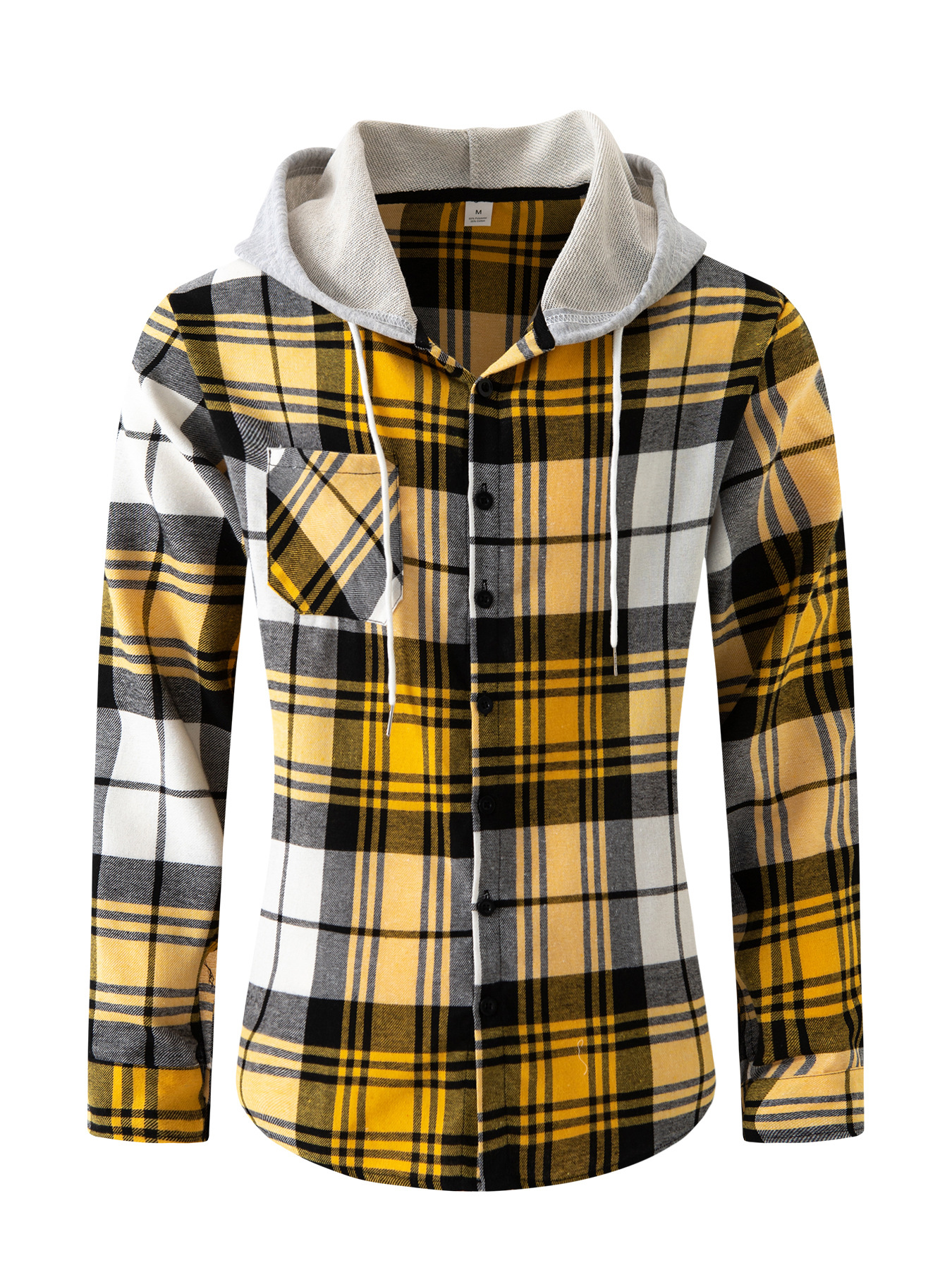 Men's Monochrome Long-sleeve Cotton Blend Hooded Plaid Shirt_voghion.com