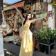 黄色碎花吊带连衣裙女夏季无袖背心裙法式甜美风收腰长裙a字裙子