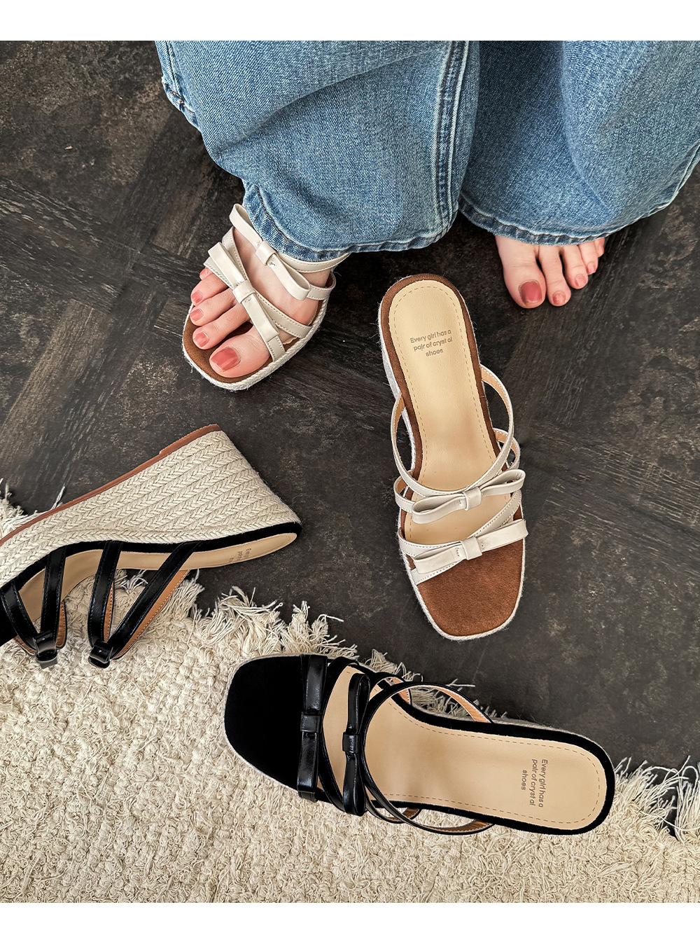 Sandal cao gót nữ quai mảnh mũi hở đế xuồng đan rơm gót 9 cm — màu đen, màu trắng ngà chi tiết 12