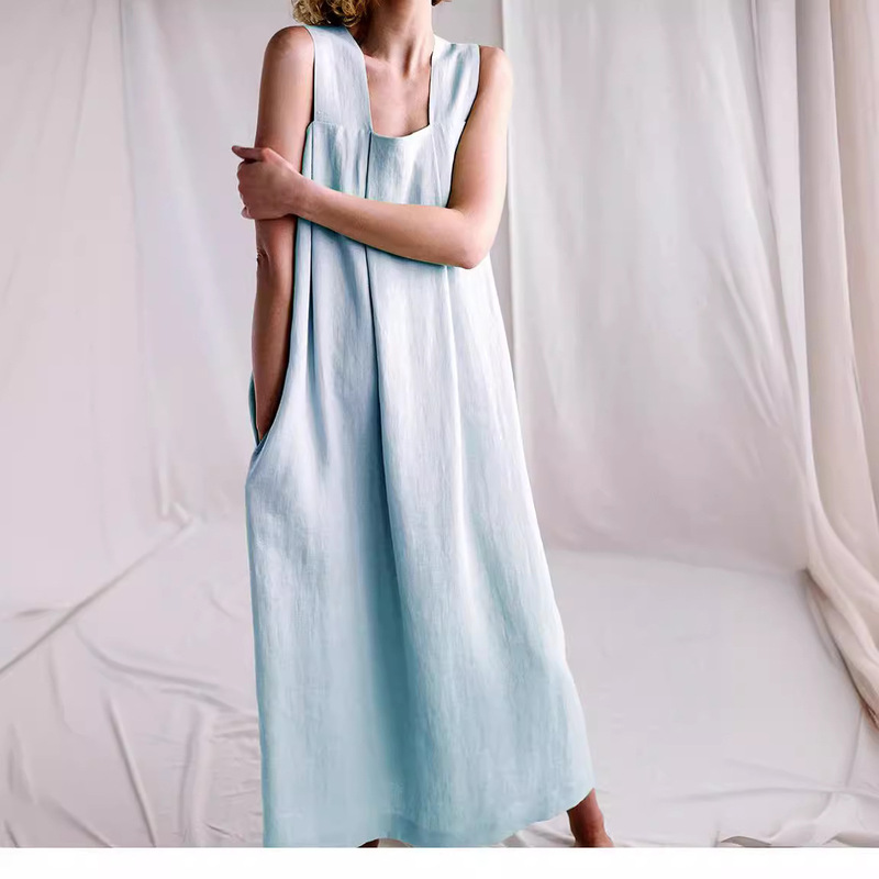 Linen Sleeveless Long Dress Spring New French Style Retro Design Sense Loose Cotton Linen Square Collar Strap Long Dress