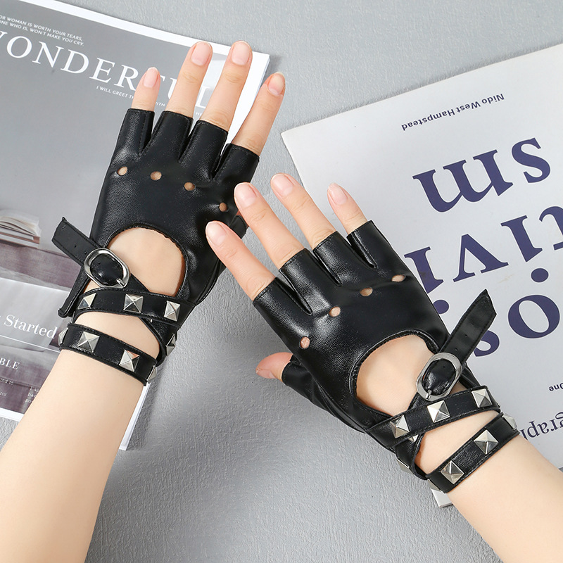 Stage Dance Punk Fingerless Gloves for Women Performance Personalized Leather Rivet Half-Finger Wrapped Wrist Cut Out Gothic Gloves