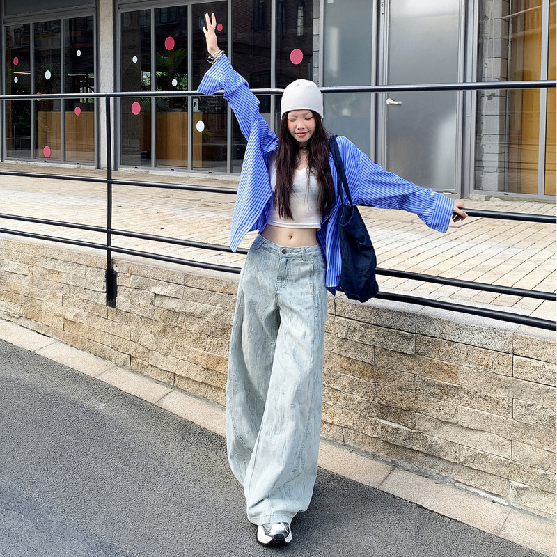 提花阔腿牛仔裤女2025年秋季新款直筒宽松高腰垂感显瘦百搭拖地裤|undefined