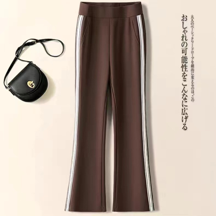 微喇裤女春秋2025新款宽松休闲运动裤子高腰咖色侧条纹西装喇叭裤|undefined