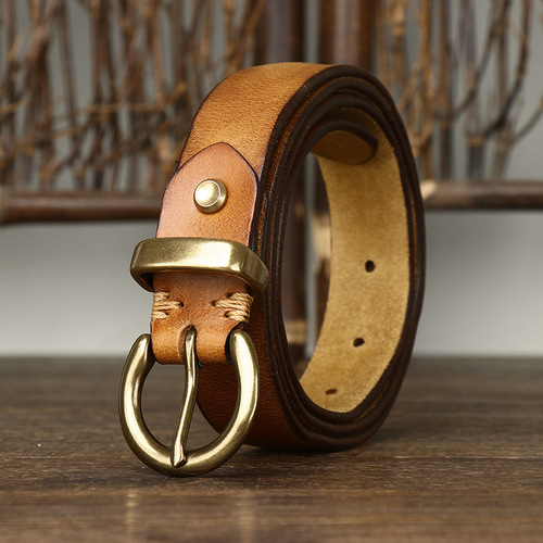 New retro pleated Korean style fashion versatile women's belt women's copper buckle genuine leather cowhide jeans belt women's style