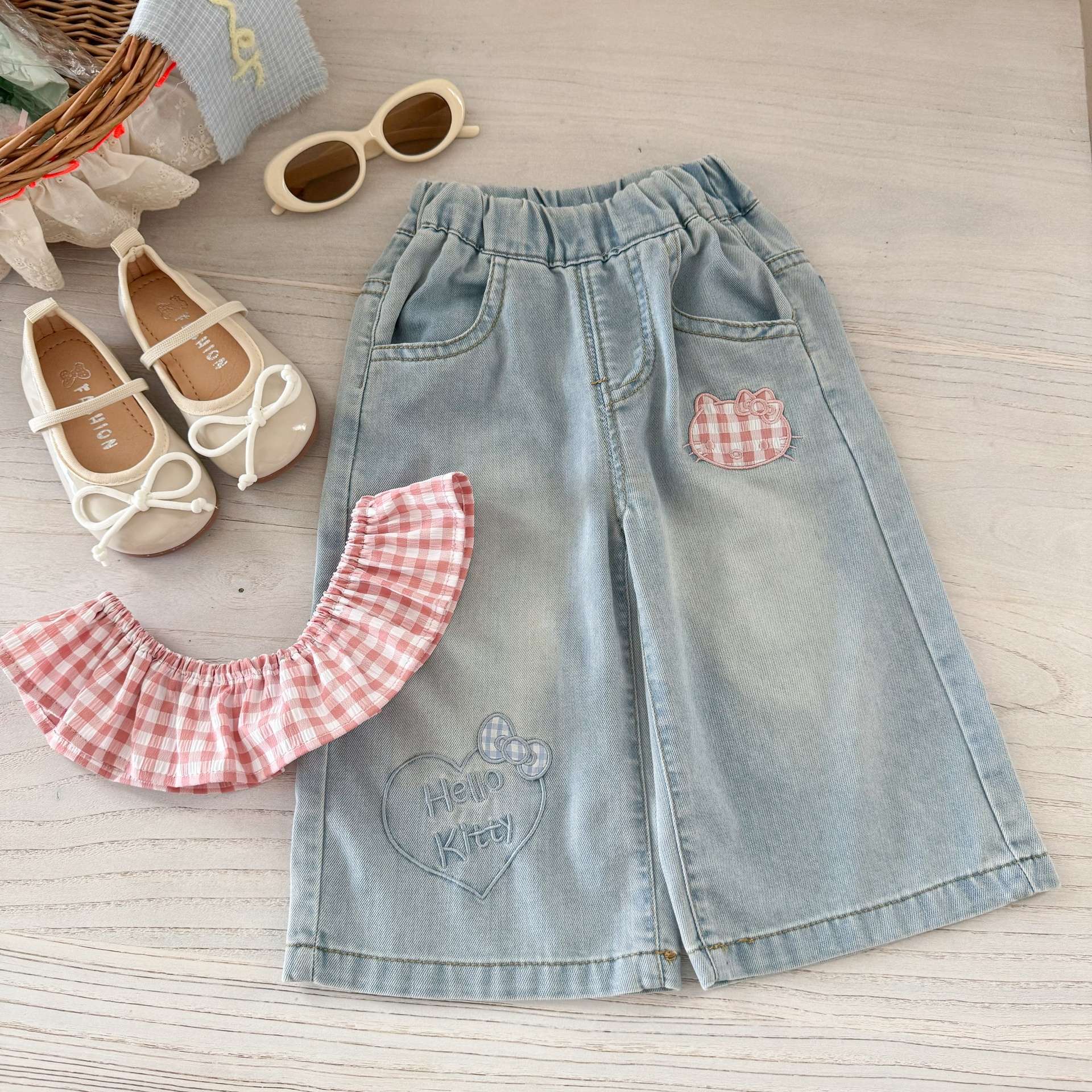 Pantalones vaqueros de encaje de siete niñas de limón salado nuevos pantalones casuales de estilo occidental para bebés pantalones rectos de nueve puntos para niños verano