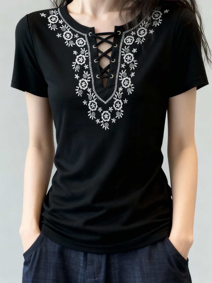 Áo nữ tay ngắn cổ tròn phong cách Bohemian thêu họa tiết, dáng rộng thoáng mát — màu đen