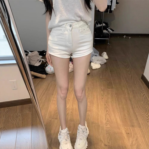 Petite American-style spicy girl white denim shorts women's summer high-waisted elastic tight slimming butt-bounding hot pants