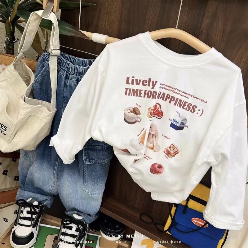 Camisa de fondo de algodón para niños 2023 nuevos niños y niñas letra impresa Camiseta de manga larga bebé simple cuello redondo interior t