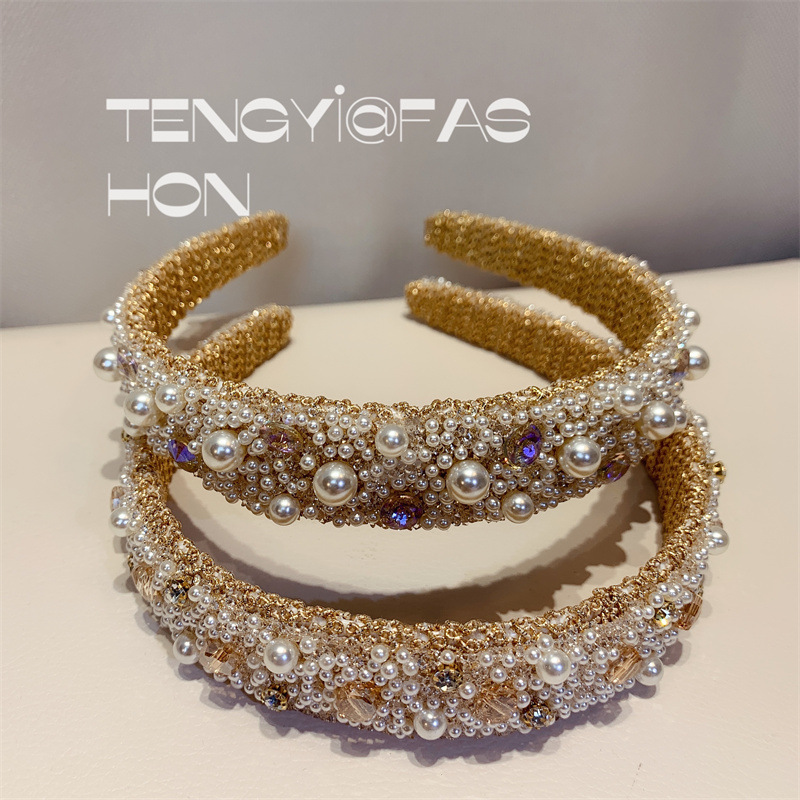 Women's Glam Korean Style Plaid Resin Inlay Crystal Pearl Hair Band display picture 8