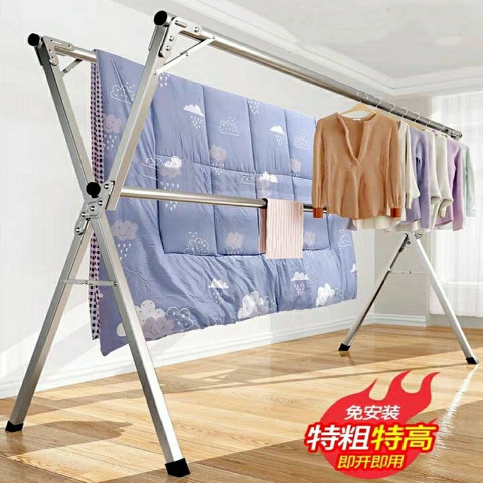 Stainless Steel Clothes Drying Rack, Floor-Standing Foldable Indoor and Outdoor Household Clothes Rack, Double-Pole Balcony Telescopic X-Shaped Quilt Drying Artifact