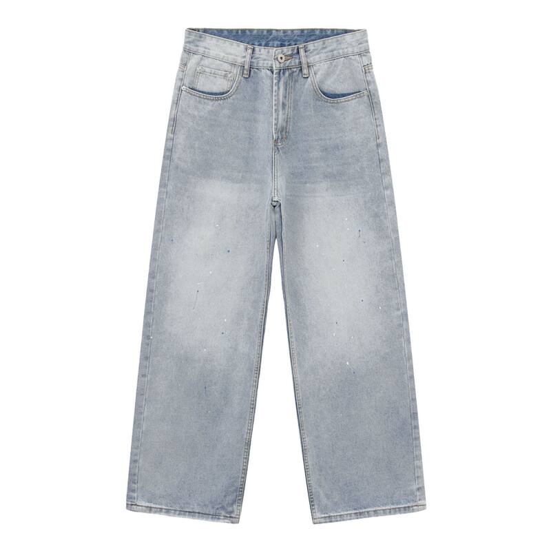Quần jeans nam ống rộng dáng suông giặt mài họa tiết vẩy mực — Màu xanh dương