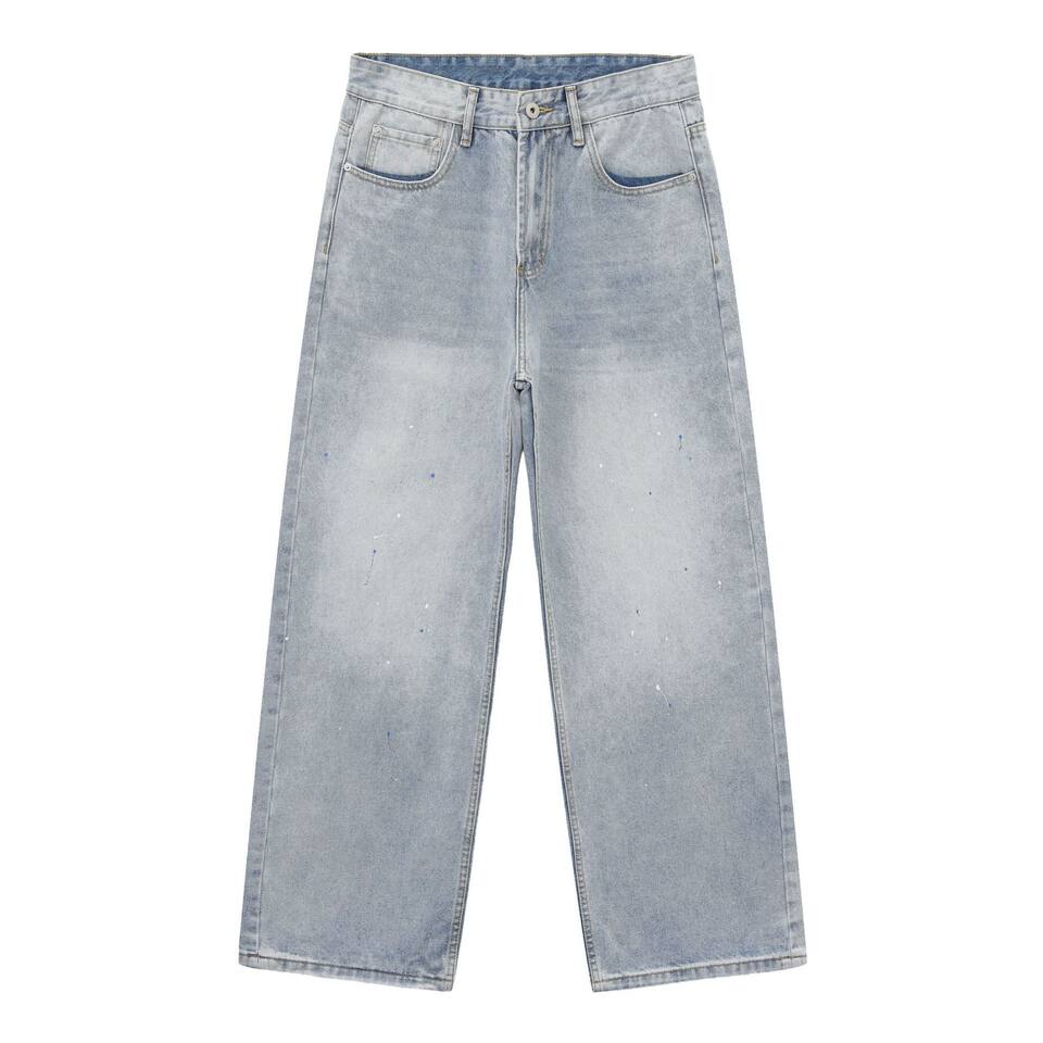 Quần jeans nam ống rộng dáng suông giặt mài họa tiết vẩy mực — Màu xanh dương