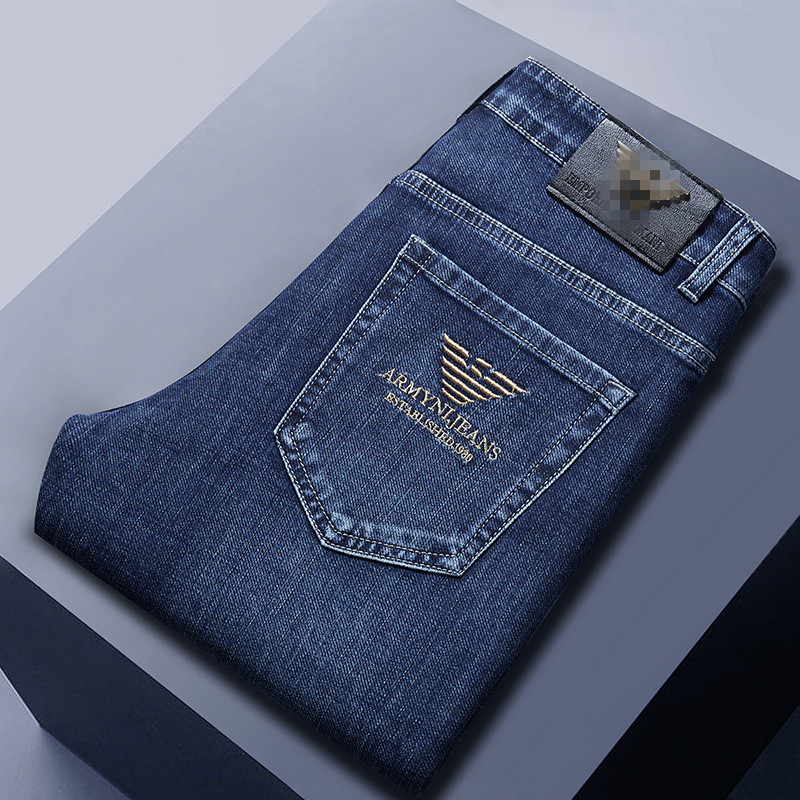 2023 Summer thin men's jeans mid-waist slim straight blue stretch embroidery cross-border brand direct supply