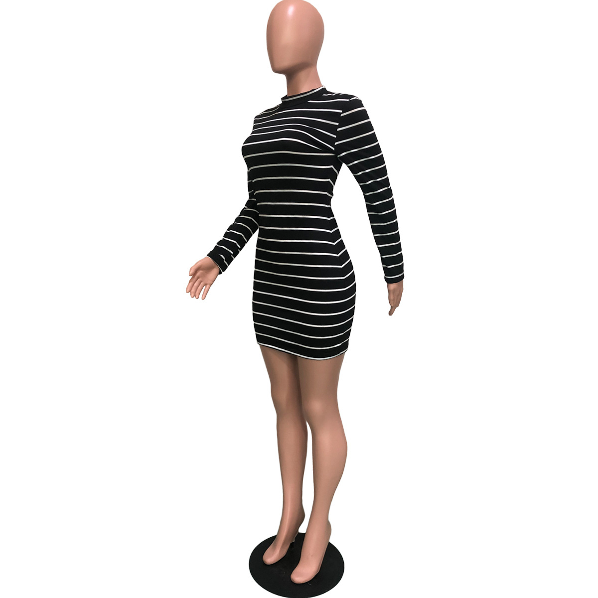 Women Clothing Striped Long Sleeve Short Dress