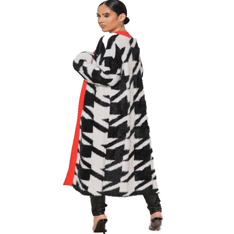 2024 cross-border Europe and the United States explosions houndstooth knitted Antarctic velvet coat coat loose cardigan coat factory outlet_voghion.com