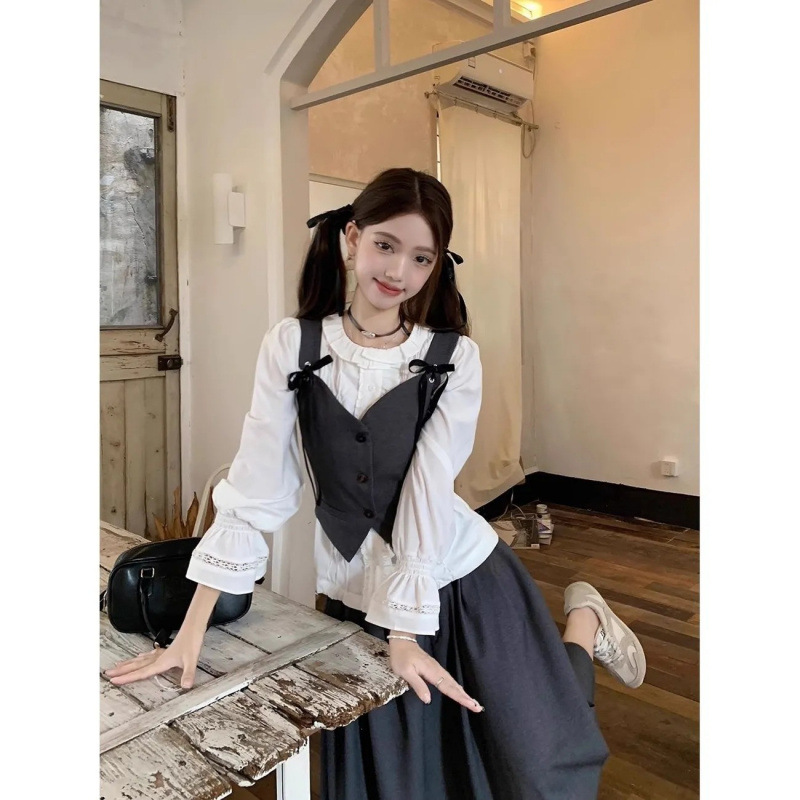 활 쌓인 조끼 착용 중공 긴팔 셔츠 반쪽 원피스 여성 이른 봄 새 패션 세트