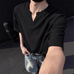 テクスチャードプリーツVネックTシャツ半袖メンズ夏薄手通気性ボトムシャツアメリカン半袖Tシャツ男性用