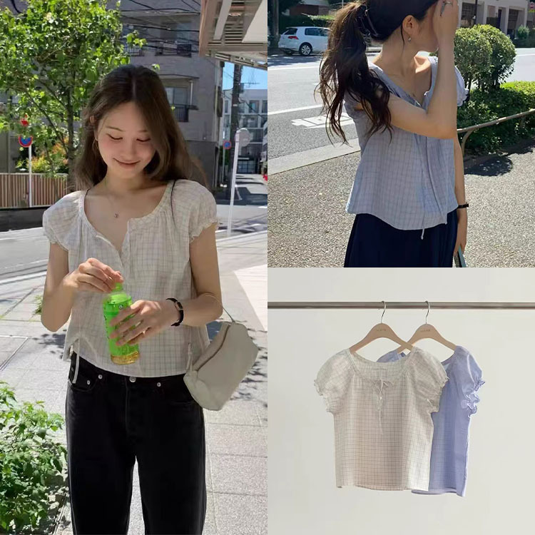 Fan Sun·Xh Korean-Style Round-Neck Half-Buttoned Plaid Short-Sleeve Shirt, Dongdaemun Summer New Fresh and Sweet Top Fan Sun·Xh Korean-Style Round-Neck Half-Buttoned Plaid Short-Sleeve Shirt, Dongdaemun Summer New Fresh and Sweet Top