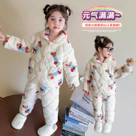小女孩可爱三层加厚睡衣2025新款女孩秋冬法兰绒家居服夹棉两件套
