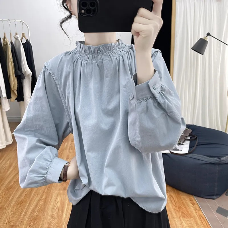プルオーバー長袖ゆったりカバーTシャツ春夏フリル襟ランタンスリーブ綿麻長袖レディースおしゃれ年齢軽減トップス|undefined