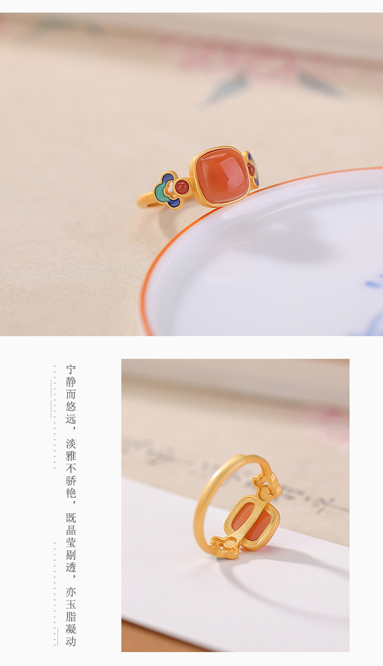 Nhẫn bạc S925 mạ vàng mặt vuông phong cách cổ điển họa tiết men lam — Màu hổ phách chi tiết 5